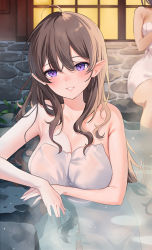 Rule 34 | 2girls, blush, breasts, brown hair, cleavage, commentary request, covering privates, elf, emyo, hair between eyes, in water, large breasts, long hair, looking at viewer, multiple girls, naked towel, nude cover, onsen, original, outdoors, parted lips, pointy ears, purple eyes, sitting, smile, solo focus, towel