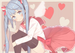 Rule 34 | 1girl, alternate costume, black thighhighs, blue eyes, blue hair, blush, bow, collar, female focus, hair bow, hair ornament, hatsune miku, heart, highres, long hair, long sleeves, looking at viewer, minase nagi, pink bow, pink skirt, pleated, pleated skirt, ribbon, sailor collar, school uniform, shirt, sitting, skirt, smile, solo, thighhighs, twintails, vocaloid, white shirt, white wings, wings