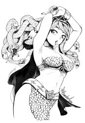 Rule 34 | 1girl, 2020, absurdres, armpits, arms up, breasts, cleavage, commentary, cowboy shot, cropped legs, english commentary, fingernails, forked tongue, hatching (texture), head scarf, highres, ink (medium), long fingernails, medium breasts, monochrome, navel, original, pelvic curtain, ravenhart, scales, signature, snake hair, solo, tongue, tongue out, traditional media
