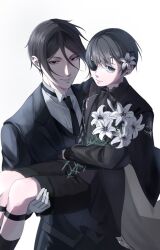 2boys black_hair black_jacket black_necktie black_shorts black_socks black_suit blue_eyes blue_hair carrying carrying_person ciel_phantomhive closed_mouth earrings expressionless flower formal_clothes hair_flower hair_ornament hashtag-only_commentary holding holding_flower jacket jewelry jitome kashiwo00 kuroshitsuji looking_at_viewer male_focus multiple_boys necktie red_eyes sebastian_michaelis short_hair shorts simple_background smirk socks suit thigh_strap white_background white_flower