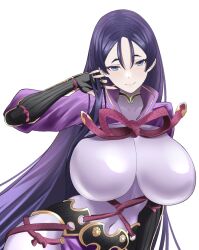 Rule 34 | 1girl, arm guards, armor, bodysuit, breasts, covered navel, fate/grand order, fate (series), fingerless gloves, gloves, highres, huge breasts, japanese armor, kote, lilcat, long hair, looking at viewer, minamoto no raikou (fate), parted bangs, purple bodysuit, purple eyes, purple hair, ribbed sleeves, rope, simple background, smile, solo, upper body, very long hair, white background