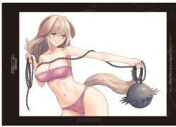 Rule 34 | 1girl, absurdres, animal ears, ball and chain (weapon), bare shoulders, bow, bra, breasts, brown hair, chain, cleavage, collarbone, dog ears, dog tail, frills, green eyes, guilty princess, highres, holding, holding weapon, metal ball, long hair, medium breasts, navel, non-web source, panties, parted lips, pink bra, pink panties, scan, simple background, solo, stomach, strapless, tail, thighs, tony taka, underwear, underwear only, weapon, white background