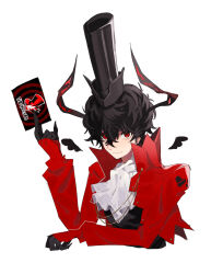 Rule 34 | 1boy, amamiya ren, arsene (persona 5), arsene (persona 5) (cosplay), ascot, black gloves, black hair, black hat, black vest, card, cheese dakke, closed mouth, coat, cosplay, cropped torso, drawn wings, elbow rest, gloves, hair between eyes, hat, heart, heart print, highres, holding, holding card, horns, long sleeves, looking at viewer, male focus, open clothes, open coat, persona, persona 5, red coat, red eyes, short hair, simple background, smile, solo, top hat, upper body, vest, white ascot, white background