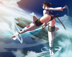 Rule 34 | 00s, 1girl, animal ears, ass, black hair, day, flying, holding, holding sword, holding weapon, katana, mecha musume, nekomamire, ponytail, sakamoto mio, scabbard, sheath, sky, solo, strike witches, striker unit, swimsuit under clothes, sword, tail, weapon, world witches series
