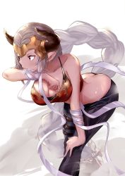 Rule 34 | 1girl, aliza (granblue fantasy), ass, bad id, bad twitter id, bent over, braid, breasts, butt crack, cleavage, dark-skinned female, dark skin, downblouse, draph, forehead protector, granblue fantasy, hair pulled back, hand on own knee, horns, large breasts, long hair, lowleg, lowleg pants, pants, pointy ears, ramuda (guilty931), red eyes, silver hair, single braid, solo, sweat, thigh strap, very long hair, wiping sweat