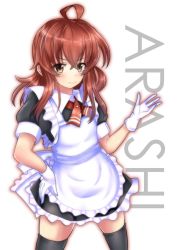 Rule 34 | 1girl, ahoge, alternate costume, apron, arashi (kancolle), black dress, black thighhighs, character name, dress, enmaided, frilled apron, frills, gloves, hand on own hip, highres, himura moritaka, kantai collection, maid, maid apron, messy hair, puffy short sleeves, puffy sleeves, red hair, short dress, short sleeves, simple background, solo, thighhighs, white apron, white background, white gloves, yellow eyes