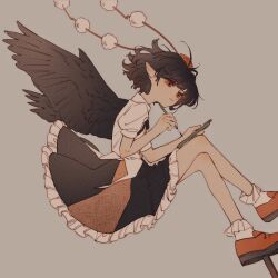 Rule 34 | 1girl, bird wings, black hair, black wings, bobby socks, closed mouth, commentary request, crossed legs, frilled skirt, frills, full body, geta, grey background, hat, highres, holding, holding pen, pen, pointy ears, pom pom (clothes), ppire (glaceppire), puffy short sleeves, puffy sleeves, red eyes, red footwear, red headwear, red ribbon, red skirt, ribbon, shameimaru aya, shirt, short hair, short sleeves, simple background, skirt, socks, solo, tengu-geta, tokin hat, touhou, white shirt, wings