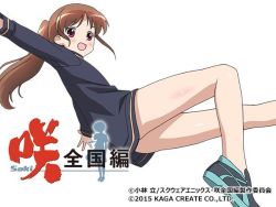 Rule 34 | 1girl, bare legs, brown hair, female focus, jacket, long sleeves, naked jacket, official art, red eyes, saki (manga), takakamo shizuno, track jacket