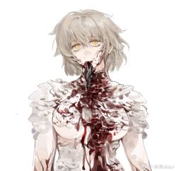 Rule 34 | 1girl, bing ling aisu, blonde hair, blood, blood on chest, blood on face, breasts, chinese commentary, commentary request, dungeon meshi, expressionless, falin touden, falin touden (chimera), feathers, highres, looking at viewer, medium breasts, monster girl, mouth hold, severed ear, short hair, simple background, slit pupils, solo, upper body, weibo logo, weibo watermark, white background, yellow pupils
