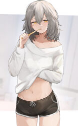 Rule 34 | 1girl, alternate costume, black shorts, blurry, blurry background, border, clothes lift, cowboy shot, dolphin shorts, grey hair, highres, holding, holding toothbrush, honkai: star rail, honkai (series), lifted by self, long sleeves, medium hair, navel, off shoulder, shirt, shirt lift, short shorts, shorts, shuuzo3, solo, stelle (honkai: star rail), toothbrush, trailblazer (honkai: star rail), white border, white shirt, white sleeves, yellow eyes