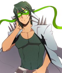 Rule 34 | &gt;:), 10s, 1boy, belt, blindfold, closed mouth, collarbone, covered eyes, covered navel, green hair, green shirt, grey jacket, hand in own hair, jacket, jacket on shoulders, kill la kill, long sleeves, male focus, moshimo (kaperi), muscular, open clothes, open jacket, sanageyama uzu, shirt, shoulder spikes, simple background, smile, solo, spikes, thick eyebrows, upper body, v-shaped eyebrows, white background