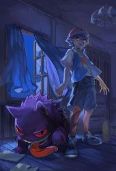 Rule 34 | 1boy, ash ketchum, baseball cap, black hair, blue footwear, blue vest, brown eyes, chandelier, creatures (company), curtains, full body, game freak, gen 1 pokemon, gengar, hand on floor, hat, highres, indoors, light, looking at viewer, night, nintendo, open mouth, open window, paper, pokemon, pokemon (anime), pokemon (creature), pokemon journeys, red eyes, red headwear, shadow, shirt, shoes, short hair, short sleeves, shorts, smile, tongue, tongue out, vest, white shirt, window
