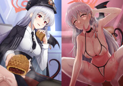 Rule 34 | 1girl, absurdres, bikini, black hat, black necktie, black tail, black wings, blue archive, braid, breasts, cleavage, closed mouth, collared shirt, condom, condom in mouth, food, grey hair, halo, haruna (blue archive), hat, heart, heart-shaped pupils, highres, holding, holding food, kurosteel ds, large breasts, long hair, long sleeves, mouth hold, navel, necktie, open mouth, red eyes, red halo, shirt, single wing, sitting, slit pupils, squatting, swimsuit, symbol-shaped pupils, tail, thighhighs, used condom, white bikini, white shirt, white thighhighs, wings