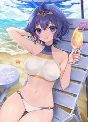 Rule 34 | 1girl, ahoge, arm up, banned artist, bare arms, bare shoulders, beach, beach chair, bikini, blue eyes, blue hair, blue sky, cloud, collarbone, commission, cup, day, drinking straw, fire emblem, fire emblem awakening, grin, hair between eyes, hand in own hair, hand up, heart, highres, holding, holding cup, looking at viewer, morgan (female) (fire emblem), morgan (fire emblem), navel, nintendo, ocean, outdoors, own hands together, shimizu akina, short hair, skeb commission, sky, smile, solo, starfish, stomach, swimsuit, thighs, tiara, water, white bikini