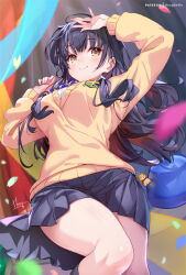 Rule 34 | 1girl, arm up, black hair, black skirt, blue bow, blue bowtie, blush, boku no kokoro no yabai yatsu, bow, bowtie, breasts, brown eyes, charm (object), closed mouth, commentary, confetti, hand up, hong (white spider), long hair, long sleeves, looking to the side, lying, medium breasts, miniskirt, mole, mole on neck, on back, patreon username, pleated skirt, school uniform, signature, skirt, smile, solo, sweater, thighs, yamada anna, yellow sweater