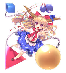 Rule 34 | 1girl, :d, black footwear, blonde hair, blue skirt, blush, bow, brown eyes, chain, commentary request, cube, enjoy mix, flat chest, full body, gourd, hair bow, horn ornament, horn ribbon, horns, ibuki suika, long hair, looking at viewer, low-tied long hair, medium bangs, open mouth, orb, pyramid (structure), reaching, reaching towards viewer, red bow, ribbon, ribbon-trimmed skirt, ribbon trim, shirt, shoes, sidelocks, simple background, skirt, sleeveless, sleeveless shirt, smile, solo, teeth, touhou, upper teeth only, very long hair, white background, white shirt, wrist cuffs
