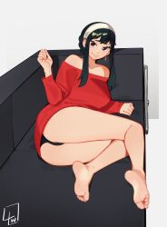 Rule 34 | 1girl, absurdres, ass, bare shoulders, barefoot, black hair, black panties, breasts, censored, censored feet, closed mouth, collarbone, commentary, couch, dangle earrings, earrings, eyelashes, feet, full body, grey background, hairband, hand up, highres, jewelry, knees together feet apart, l4wless, large breasts, legs, long sleeves, looking at viewer, lying, no pants, off-shoulder sweater, off shoulder, on couch, on side, panties, red eyes, red sweater, short hair with long locks, sidelocks, signature, simple background, smile, soles, solo, spy x family, sweater, toes, underwear, white hairband, yor briar