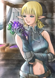 Rule 34 | 1girl, :t, artist name, adventurer (ff11), bare shoulders, blonde hair, blue eyes, blue gloves, blunt bangs, breasts, closed mouth, elbow gloves, elf, elvaan, final fantasy, final fantasy xi, food, fruit, gloves, grapes, hand up, highres, holding, holding food, holding fruit, medium breasts, navel, piyoco, pointy ears, short hair, short twintails, solo, twintails