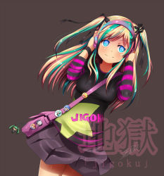 Rule 34 | 10s, 1girl, 2011, awesome face, badge, bag, blonde hair, blue eyes, bow, breasts, button badge, cameo, dated, dutch angle, green hair, hair bow, hair ribbon, hands on headphones, hatsune miku, headphones, idfer, izumi konata, long hair, lucky star, meme, multicolored hair, one eye closed, pleated skirt, ribbon, satchel, signature, skirt, smile, solo, translated, two-tone hair, two side up, v, vocaloid, watermark, wink