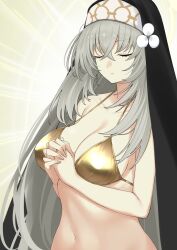 Rule 34 | 1girl, alternate costume, bikini, blue archive, breasts, closed eyes, closed mouth, collarbone, eyelashes, from side, gold bikini, grey hair, habit, hair between eyes, highres, interlocked fingers, large breasts, long hair, navel, nun, own hands together, praying, sakurako (blue archive), shiny swimsuit, stomach, swimsuit, taiyou-n, upper body, veil