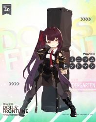 Rule 34 | 1girl, commentary request, english text, girls&#039; frontline, gloves, grin, hair ribbon, highres, huge weapon, jacket, kumonji aruto, luggage, necktie, pantyhose, purple hair, red eyes, ribbon, smile, solo, translation request, wa2000 (girls&#039; frontline), weapon, aged down