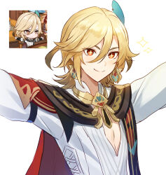 Rule 34 | + +, 1boy, arms up, blonde hair, blush, cape, chibi, closed mouth, earrings, feather hair ornament, feathers, genshin impact, genshin impact sticker redraw (meme), gold trim, hair between eyes, hair ornament, highres, jewelry, kaveh (genshin impact), long sleeves, looking at viewer, looking to the side, male focus, mandarin collar, meme, ml (sysynemuru), puffy long sleeves, puffy sleeves, red cape, red eyes, shirt, short hair, simple background, smile, solo, standing, star (symbol), v-shaped eyebrows, white background, white shirt
