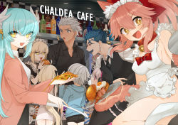 Rule 34 | 2boys, 6+girls, ^^^, ahoge, animal ear fluff, animal ears, animal hands, apron, aqua hair, archer (fate), artoria pendragon (alter swimsuit rider) (fate), artoria pendragon (fate), asymmetrical hair, bacon, bad id, bad pixiv id, bell, black dress, black hat, blonde hair, blue hair, blush, braid, breasts, brown eyes, burger, cat hair ornament, cat paws, cleavage, closed eyes, collar, covered erect nipples, cu chulainn (caster) (fate), cu chulainn (fate), cu chulainn (fate/stay night), dark-skinned male, dark skin, dragon girl, dragon horns, dress, earrings, eating, egg, fangs, fate/grand order, fate/stay night, fate (series), food, fox ears, fox shadow puppet, french braid, glasses, gloves, gothic lolita, green hair, hair ornament, hair ribbon, hat, highres, horns, indoors, jack the ripper (fate/apocrypha), japanese clothes, jeanne d&#039;arc (fate), jeanne d&#039;arc alter santa lily (fate), jewelry, jingle bell, kimono, kiyohime (fate), large breasts, lolita fashion, long hair, looking at viewer, maid headdress, miyamoto musashi (fate), multiple boys, multiple girls, naked apron, neck bell, necktie, nursery rhyme (fate), one eye closed, onnanokofish, open mouth, paw gloves, pink hair, pizza, ponytail, poster (object), purple dress, purple eyes, purple hair, red eyes, red ribbon, ribbon, sash, scathach (fate), scathach skadi (fate), short hair, sideboob, sweat, tamamo (fate), tamamo cat (fate), tamamo cat (third ascension) (fate), tamamo no mae (fate/extra), tomoe gozen (fate), twin braids, very long hair, white hair, white kimono, yellow eyes