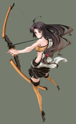 Rule 34 | 10s, 1girl, ahoge, arrow (projectile), bad id, bad pixiv id, black hair, bow (weapon), breasts, brown eyes, brown thighhighs, drawing bow, full body, grey background, highres, holding, holding bow (weapon), holding weapon, kantai collection, long hair, muscular, muscular female, nayutarou (nyt kag), pleated skirt, shouhou (kancolle), simple background, skirt, solo, thighhighs, weapon