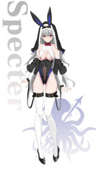 Rule 34 | 1girl, absurdres, adapted costume, animal ears, arknights, black footwear, black hat, black leotard, black sleeves, blush, breast curtains, breastless clothes, breasts, character name, cola-alter, covered navel, detached sleeves, fake animal ears, female focus, full body, gluteal fold, grey hair, hair between eyes, hat, highres, large breasts, leotard, long hair, looking at viewer, playboy bunny, rabbit ears, red eyes, see-through, see-through leotard, shoes, simple background, solo, specter (arknights), standing, thighhighs, very long hair, white background, white thighhighs