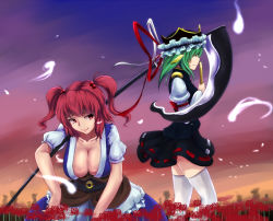 Rule 34 | 2girls, arm garter, black skirt, black vest, breasts, cleavage, closed mouth, collarbone, dress, closed eyes, field, flower, flower field, from side, green hair, hair bobbles, hair ornament, hat, hat ribbon, hitodama, japanese clothes, juliet sleeves, large breasts, long sleeves, looking at another, multiple girls, obi, onozuka komachi, profile, puffy short sleeves, puffy sleeves, red eyes, red hair, red ribbon, ribbon, rod of remorse, sash, scythe, shiki eiki, short sleeves, skirt, skirt set, small breasts, smile, spider lily, thighhighs, touhou, two side up, vest, white legwear, white ribbon, yocchi (tenyunkel)