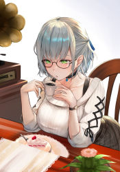 Rule 34 | 1girl, bespectacled, black choker, black ribbon, blowing on food, blush, breast rest, breasts, cactus, cake, chair, choker, collarbone, counter, cup, doily, fingernails, food, fork, fruit, glasses, green eyes, grey hair, highres, holding, holding cup, hololive, hoshara, huge breasts, indoors, lace, long hair, nail polish, phonograph, plaid, plaid belt, plaid skirt, plant, potted plant, pursed lips, ribbon, semi-rimless eyewear, shirogane noel, shirogane noel (casual), sidelocks, simple background, sitting, skirt, snowflake choker, solo, strawberry, strawberry cake, sweater, under-rim eyewear, virtual youtuber, watch, white background, white nails, white sweater, wristwatch