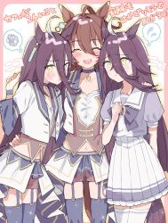 Rule 34 | 3girls, ^ ^, agnes tachyon (umamusume), ahoge, animal ears, blue thighhighs, blush stickers, brown hair, choker, closed eyes, collared shirt, cropped jacket, earrings, facing viewer, garter straps, hair between eyes, hand on another&#039;s hip, hand up, highres, horse ears, horse girl, horse tail, jacket, jewelry, long sleeves, looking at another, looking at viewer, looking down, manhattan cafe (umamusume), multicolored hair, multiple girls, navel, nochatea, puffy short sleeves, puffy sleeves, red shorts, school uniform, shirt, short sleeves, shorts, single earring, skirt, skirt hold, standing, starting future (umamusume), streaked hair, sweatdrop, tail, thighhighs, thought bubble, tracen school uniform, translation request, umamusume, vest, white jacket, white shirt, white skirt, white thighhighs, wristband, yellow eyes
