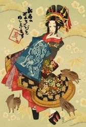 Rule 34 | 1girl, animal, bangs pinned back, beige background, black hair, chinese zodiac, commentary request, floral background, floral print, full body, grey eyes, hair ornament, hair stick, half-closed eyes, headdress, highres, japanese clothes, kimono, looking at viewer, makeup, nekozuki yuki, new year, oiran, original, parted lips, pig, pig print, platform clogs, platform footwear, sandals, sidelocks, signature, smile, solo, translation request, year of the pig