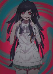 Rule 34 | 1girl, :d, apron, bandaged arm, bandages, breasts, collared shirt, cowboy shot, danganronpa (series), danganronpa 2: goodbye despair, green background, hands up, highres, joh pierrot, large breasts, long hair, lower teeth only, miniskirt, multicolored background, open mouth, pink eyes, pink shirt, pleated skirt, red background, shirt, short sleeves, skirt, smile, solo, teeth, tsumiki mikan, two-tone shirt