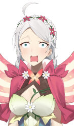 Rule 34 | 1girl, absurdres, ahoge, blue eyes, bodystocking, braid, breasts, capelet, cleavage, commission, commissioner upload, dilated pupils, fairy, fairy wings, fire emblem, fire emblem fates, fire emblem heroes, flower, grey hair, hair flower, hair ornament, hairband, harness, highres, looking at viewer, low twin braids, medium breasts, muricha, nina (fire emblem), nina (resplendent) (fire emblem), nintendo, non-web source, official alternate costume, open mouth, parted bangs, pink capelet, pink flower, plant, solo, surprised, twin braids, upper body, vines, white flower, wings