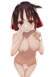 Rule 34 | 1girl, absurdres, black hair, blush, breasts, censored, collarbone, commentary request, completely nude, folded ponytail, foreshortening, from above, groin, hair between eyes, hands up, heart, heart censor, highres, hoshimiya aki, kaguya-sama wa kokurasetai ~tensai-tachi no renai zunousen~, looking up, medium breasts, navel, nipples, nude, parted lips, red eyes, red ribbon, ribbon, shinomiya kaguya, short hair, simple background, smile, solo, stomach, thigh gap, white background