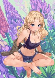 Rule 34 | 10s, 1girl, aqua eyes, arm at side, armpits, bare legs, bare shoulders, barefoot, blonde hair, blue shorts, blush, breasts, closed mouth, commentary request, denim, denim shorts, dog tags, earrings, feet, flower, full body, geregere (lantern), girls und panzer, highres, indian style, jacket, jewelry, kay (girls und panzer), leaning forward, long hair, long sleeves, looking at viewer, medium breasts, midriff, mouth hold, navel, necklace, no bra, off shoulder, open clothes, open jacket, parted bangs, pendant, revision, short shorts, shorts, sitting, sleeveless, soles, solo, stomach, strap slip, stud earrings, tank top, toes