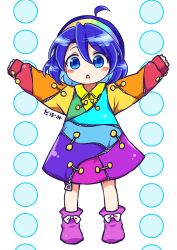 Rule 34 | 1girl, ahoge, arms up, blue dress, blue eyes, blue hair, blue hairband, blush, blush stickers, boots, bow, buttons, chibi, collared dress, commentary request, dress, footwear bow, full body, green dress, green hairband, hair between eyes, hairband, hands up, highres, long sleeves, looking away, multicolored clothes, multicolored dress, multicolored hairband, open mouth, orange dress, orange hairband, pink dress, pink footwear, pink hairband, pote (ptkan), puffy long sleeves, puffy sleeves, purple dress, purple hairband, rainbow gradient, rainbow order, red dress, red hairband, short hair, solo, tenkyuu chimata, touhou, translation request, white background, white bow, yellow dress, yellow hairband, zipper