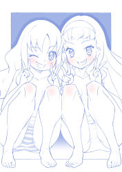 Rule 34 | 2girls, barefoot, blue theme, bow, bow panties, breasts, commentary, crotch seam, double v, earrings, grin, hairband, heartcatch precure!, highres, jewelry, kurumi erika, laura la mer, long hair, looking at viewer, miyagoe yoshitsuki, monochrome, multiple girls, navel, one eye closed, outside border, panties, precure, side-by-side, small breasts, smile, spot color, squatting, striped clothes, striped panties, topless, tropical-rouge! precure, underwear, v