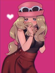 Rule 34 | blonde hair, blush, creatures (company), embarrassed, eyewear on head, game freak, hand in own hair, hat, heart, heart-shaped pupils, highres, long hair, looking at viewer, mokorei, nintendo, pink background, pokemon, pokemon xy, serena (pokemon), simple background, sleeveless duster, solo, symbol-shaped pupils