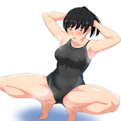 Rule 34 | 1girl, amagami, armpits, arms behind back, arms up, bare shoulders, barefoot, black eyes, black hair, black one-piece swimsuit, blue one-piece swimsuit, blush, breasts, cameltoe, collarbone, competition swimsuit, covered erect nipples, gluteal fold, hanaguma, highres, legs, looking at viewer, medium breasts, one-piece swimsuit, open mouth, ponytail, short hair, solo, spread legs, squatting, steaming body, swimsuit, thighs, tsukahara hibiki, two-tone swimsuit, wet