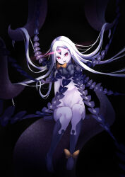 1girl abigail_williams_(fate) abigail_williams_(third_ascension)_(fate) bare_shoulders black_bow black_panties blush bow breasts colored_skin fate/grand_order fate_(series) forehead glowing glowing_eye hair_bow highres keyhole long_hair looking_at_viewer navel open_mouth orange_bow outerrace_ik panties parted_bangs red_eyes sharp_teeth sitting small_breasts smile solo teeth tentacles third_eye underwear white_hair white_skin