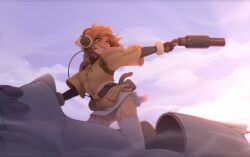 Rule 34 | 1girl, above clouds, aiming, aircraft, airplane, black sleeves, cloud, cloudy sky, fam fan fan, grin, gun, headphones, highres, holding, holding gun, holding weapon, jacket, last exile, layered sleeves, light brown hair, long sleeves, looking back, mycrys, panties, panty peek, short hair, short over long sleeves, short sleeves, sky, smile, solo, sparkling eyes, thighhighs, underwear, weapon, white panties, white thighhighs, wind, wind lift, yellow jacket