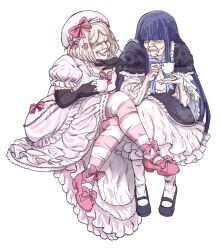 Rule 34 | 2girls, absurdres, aged up, beret, black gloves, blonde hair, blue hair, bow, crossed legs, cup, dress, elbow gloves, evil smile, footwear bow, frederica bernkastel, frilled dress, frilled thighhighs, frills, full body, gloves, hair ornament, hair over eyes, hat, highres, holding, holding cup, holding saucer, invisible chair, juliet sleeves, katrinciart, lambdadelta, long hair, long sleeves, mary janes, medium hair, multiple girls, ojou-sama pose, parted bangs, pink bow, pink dress, pink headwear, puffy sleeves, ribbon, saucer, shoes, simple background, sitting, smile, straight hair, thighhighs, umineko no naku koro ni, white background, wrinkled skin