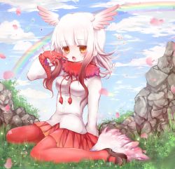 Rule 34 | 10s, 1girl, aya-0w0, bad id, bad pixiv id, beamed quavers, bird tail, black footwear, blue sky, blunt bangs, blush, breasts, chestnut mouth, cloud, day, frilled sleeves, frills, full body, gloves, grass, head wings, japanese crested ibis (kemono friends), kemono friends, long hair, long sleeves, looking at viewer, medium breasts, medium hair, miniskirt, multicolored hair, music, musical note, open mouth, outdoors, pantyhose, petals, pleated skirt, quaver, rainbow, red gloves, red pantyhose, red skirt, rock, shirt, shoes, silver hair, singing, sitting, skirt, sky, solo, tail, two-tone hair, wariza, white shirt, wings, yellow eyes