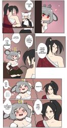 Rule 34 | 1boy, 2girls, absurdres, alcohol, alternate costume, animal ears, bar (place), barmaid, beer, black bridal gauntlets, black hair, black skirt, black thighhighs, breasts, bridal gauntlets, brown choker, brown eyes, cheesed to meet you (meme), choker, cleavage, comic, commentary, confused, cup, cup on head, detached sleeves, embarrassed, english commentary, english text, grey hair, hat, high ponytail, highres, inubashiri momiji, medium breasts, meme, mouse (animal), mouse ears, mouse girl, mouse tail, multiple girls, nazrin, pleated skirt, pun, red eyes, red headwear, sarashi, shirt, short hair, skirt, sleeveless, sleeveless shirt, table, tail, tearing up, thighhighs, tokin hat, touhou, wavy eyes, white hair, white shirt, white sleeves, wolf ears, wolf girl, wolf tail, zedrin