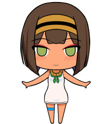 Rule 34 | 1girl, bad id, bad twitter id, bare arms, bare shoulders, barefoot, blush, brown hair, brown hairband, chibi, closed mouth, dark-skinned female, dark skin, dress, full body, green eyes, hairband, highres, inactive account, original, short hair, simple background, sleeveless, sleeveless dress, smile, solo, standing, surio, thigh strap, white background, white dress