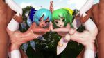 Rule 34 | 2boys, 2girls, 3d, animated, blue eyes, blue hair, bouncing breasts, breasts, censored, cirno, daiyousei, fairy, fairy wings, flat chest, green eyes, green hair, highres, holding hands, ichii ni (desufinal112), interlocked fingers, looking at viewer, medium breasts, mikumikudance (medium), multiple boys, multiple girls, navel, outdoors, penis, pussy, sex, short hair, sky, spread legs, tagme, touhou, tree, vaginal, video, white legwear, wings
