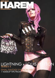 Rule 34 | 1girl, absurdres, bag, black background, black nails, black panties, black thighhighs, blue eyes, breasts, commentary, cover, cropped jacket, english commentary, eyelashes, final fantasy, final fantasy xiii, hair over shoulder, handbag, highres, june, lightning farron, lightning returns: final fantasy xiii, lips, looking at viewer, looking down, louis vuitton (brand), magazine cover, medium hair, monori rogue, nail polish, nose, panties, pink hair, small breasts, solo, suspenders, thighhighs, underwear, zipper