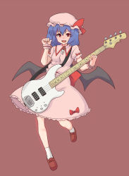Rule 34 | 1girl, bat wings, blue hair, dai (touhou handdrawn), electric guitar, fang, female focus, gazacy (dai), guitar, hat, hat ribbon, instrument, open mouth, puffy sleeves, red background, red eyes, remilia scarlet, ribbon, short hair, short sleeves, solo, touhou, wings, wrist cuffs